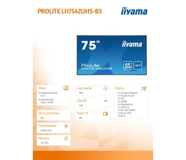iiyama 74,5'' PROLITE LH7542UHS-B3 Czarny - 1375289 - zdjęcie 11